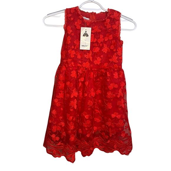 NWT NNJXD Red Lace A-Line Flower Girl Dress 130 (7–8Y) Scallop Hem Holiday Party - Picture 1 of 9